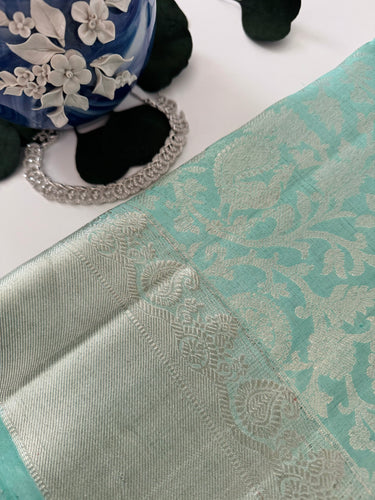 ShopNaya Exclusive | Metallic Kanchipuram Pure Silk Saree | Pastel Cyan Blue | Pure Silver Zari | Handwoven | Ships from California